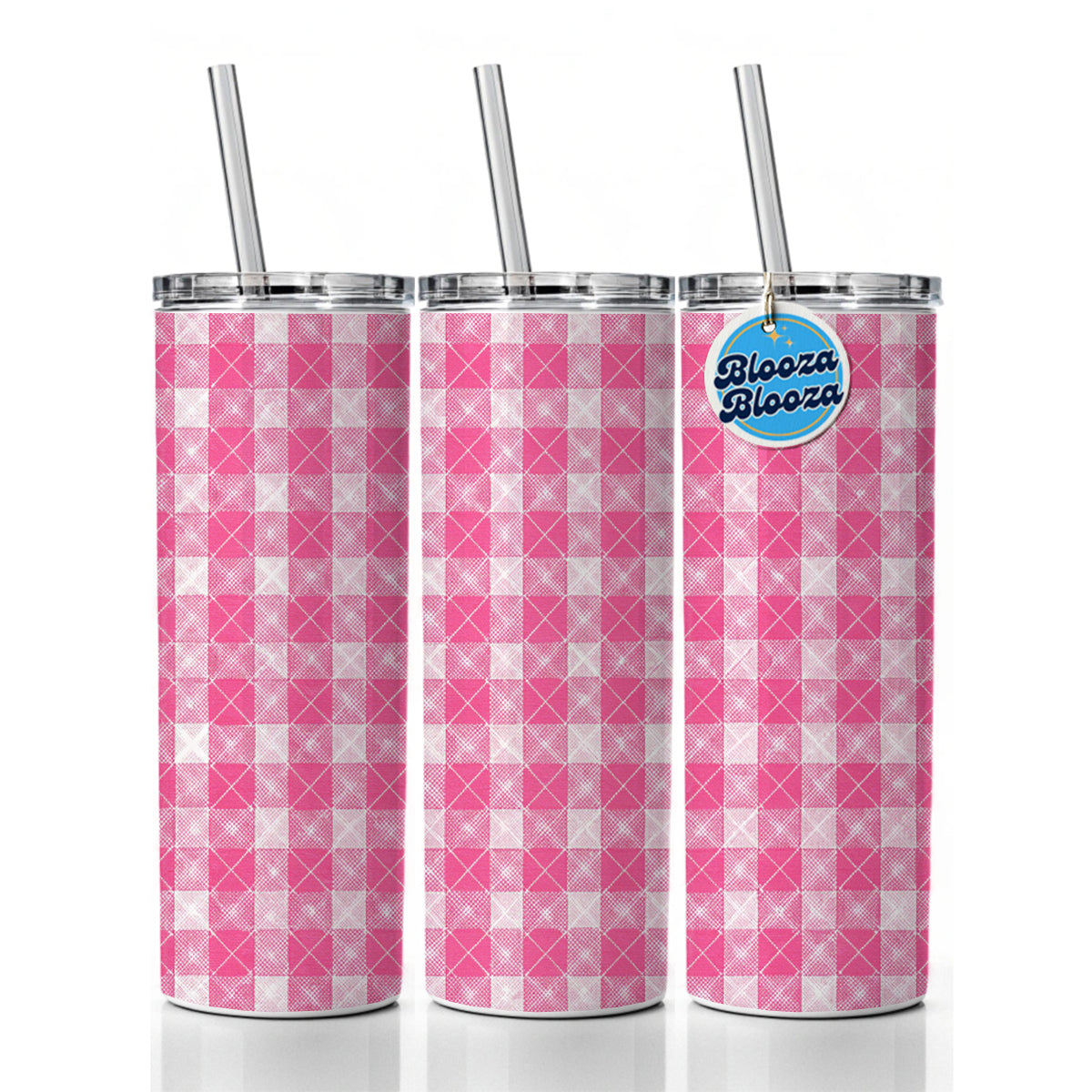 Pink White Gingham Watercolor Skinny Tumbler 20oz with Straw Insulated Water Bottle Gift