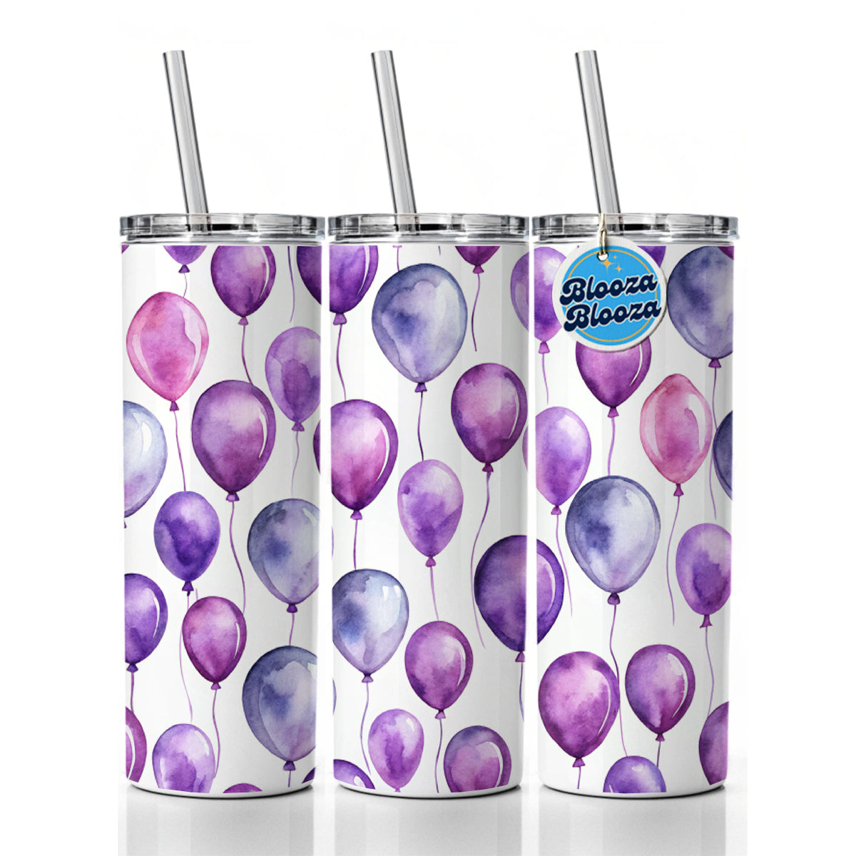 Purple Balloons Watercolor Birthday Skinny Tumbler 20oz with Straw Insulated Water Bottle Gift