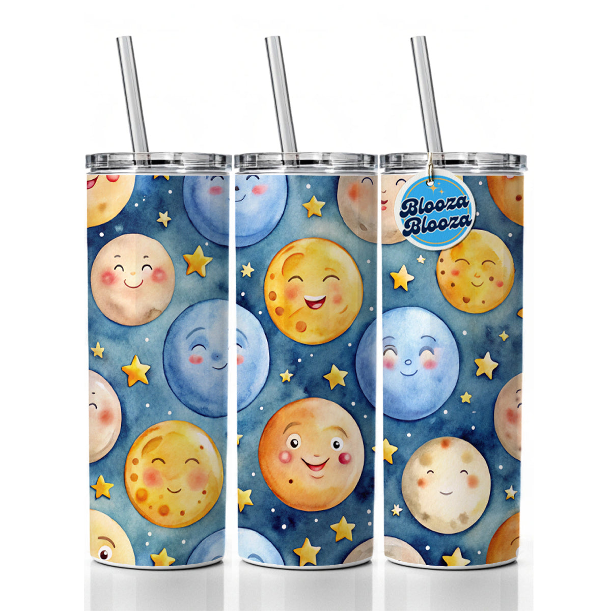 Smiling Moons Watercolor Skinny Tumbler 20oz with Straw Insulated Water Bottle Gift