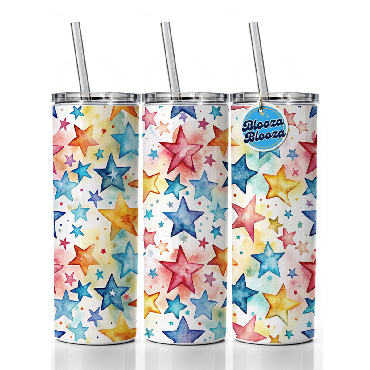 Stars Colorful Watercolor Skinny Tumbler 20oz with Straw Insulated Water Bottle Gift