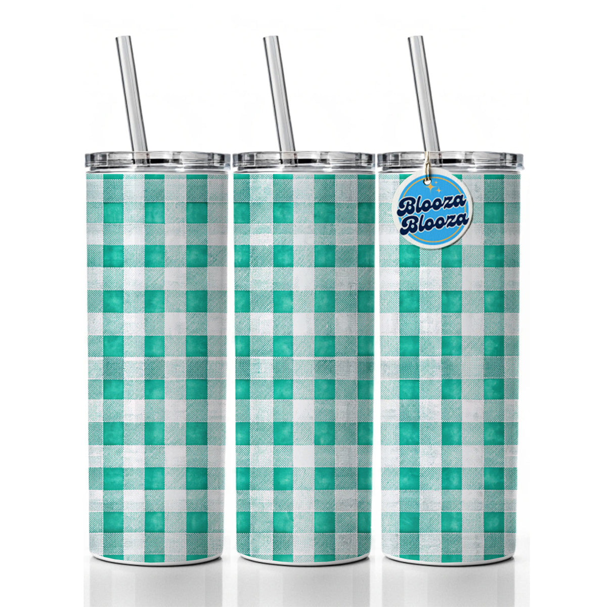 Teal White Gingham Watercolor Skinny Tumbler 20oz with Straw Insulated Water Bottle Gift