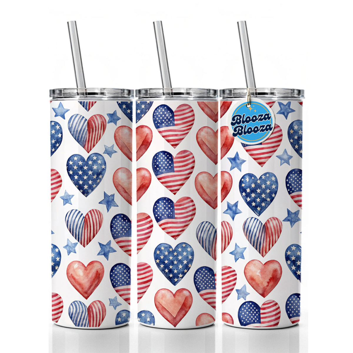 USA American Flags Hearts 4th of July Patriotic Watercolor Skinny Tumbler 20oz with Straw Insulated Water Bottle Gift