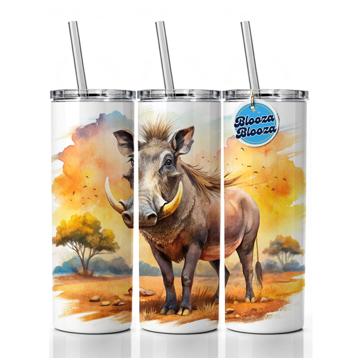 Warthog African Plain Watercolor Design Skinny Tumbler 20oz with Straw Insulated Water Bottle Gift