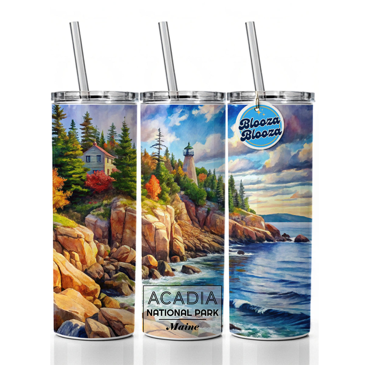 Acadia National Park Maine Watercolor Skinny Tumbler 20oz with Straw Insulated Water Bottle Gift