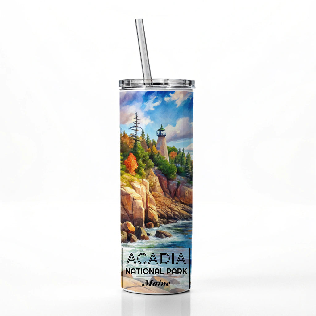 Acadia National Park Maine Watercolor Skinny Tumbler 20oz with Straw Insulated Water Bottle Gift