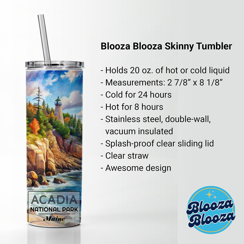 Acadia National Park Maine Watercolor Skinny Tumbler 20oz with Straw Insulated Water Bottle Gift