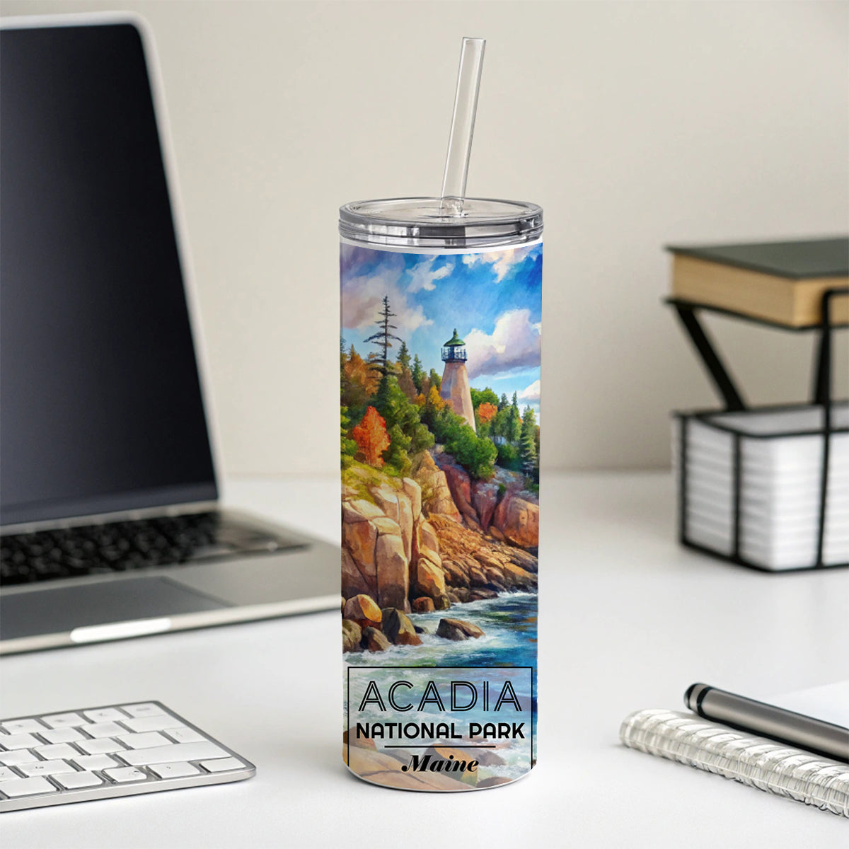 Acadia National Park Maine Watercolor Skinny Tumbler 20oz with Straw Insulated Water Bottle Gift