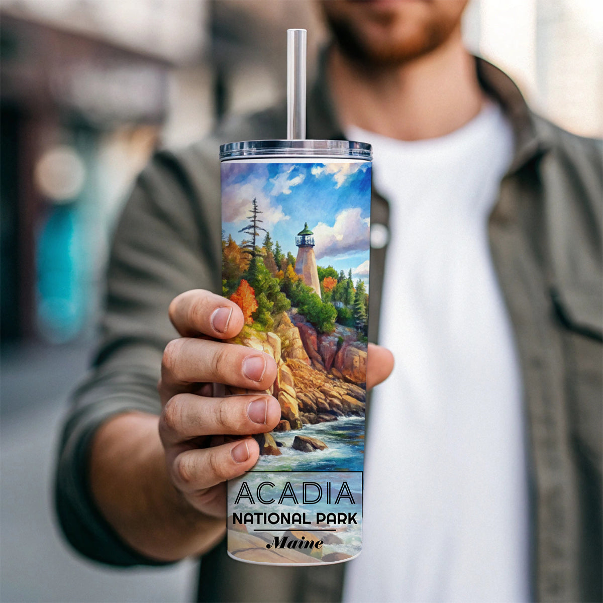 Acadia National Park Maine Watercolor Skinny Tumbler 20oz with Straw Insulated Water Bottle Gift
