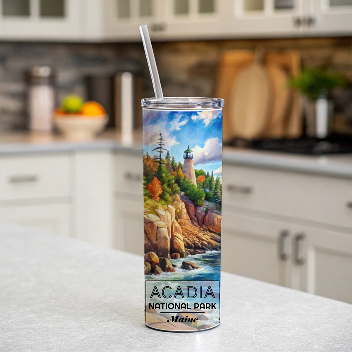 Acadia National Park Maine Watercolor Skinny Tumbler 20oz with Straw Insulated Water Bottle Gift
