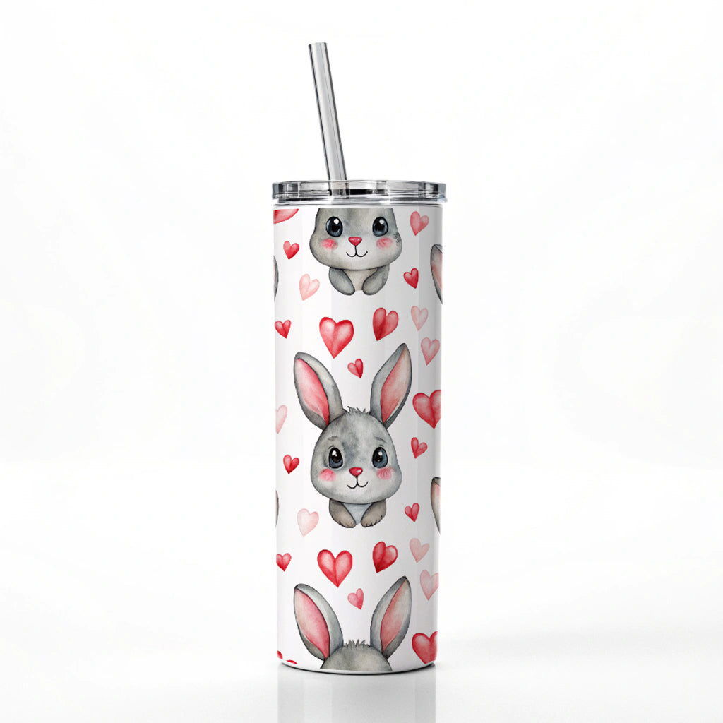 Adorable Gray Bunnies And Hearts Skinny Tumbler 20oz with Straw Insulated Water Bottle Gift