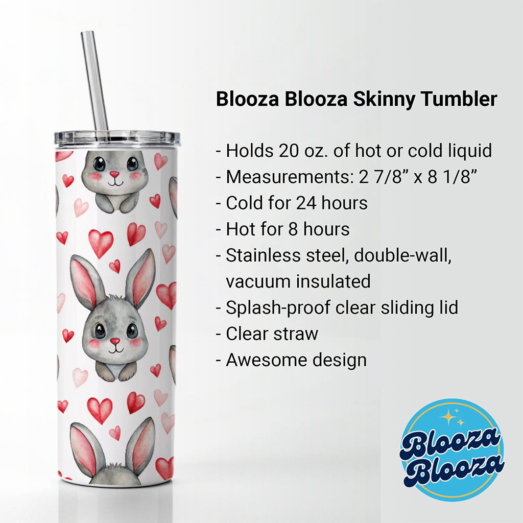 Adorable Gray Bunnies And Hearts Skinny Tumbler 20oz with Straw Insulated Water Bottle Gift