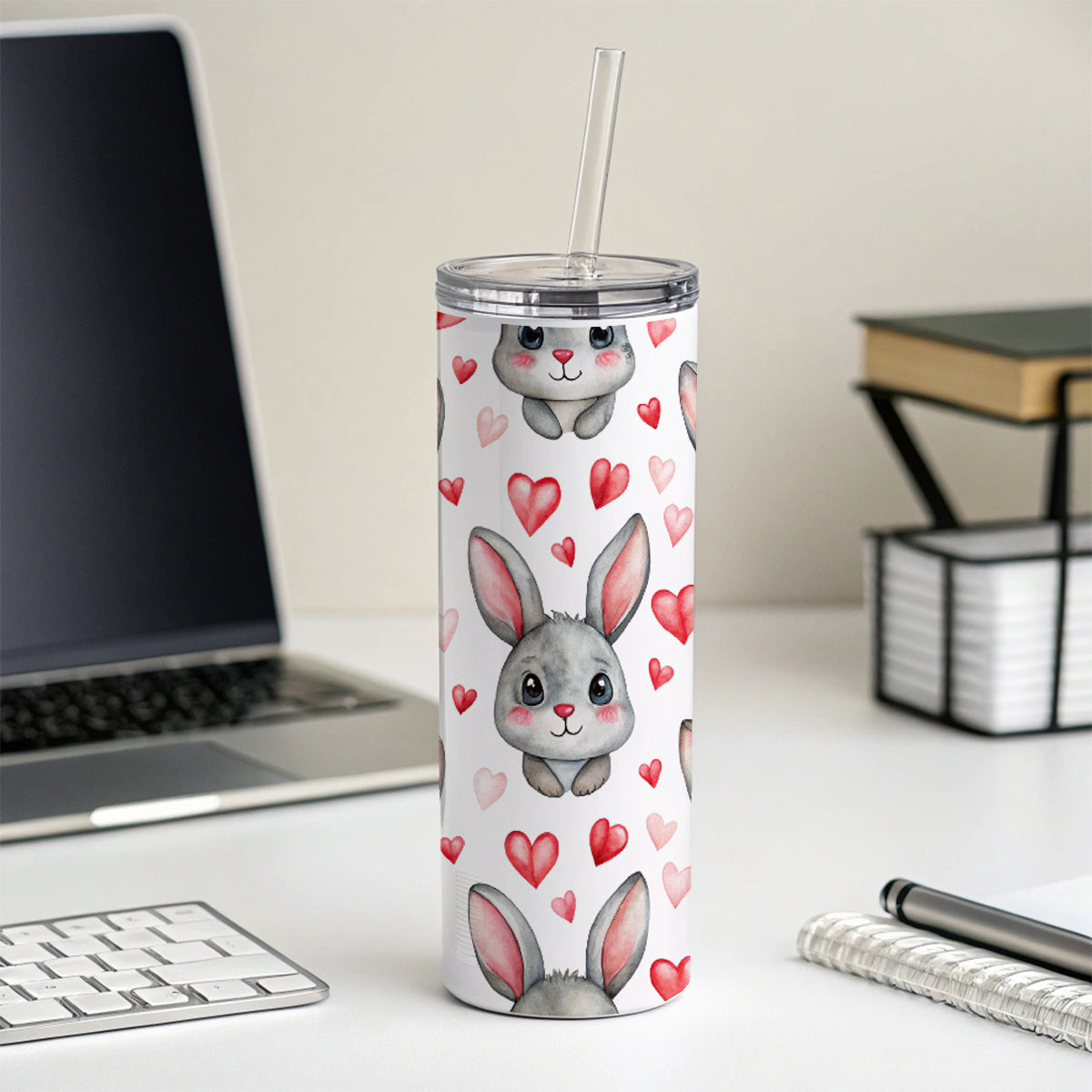 Adorable Gray Bunnies And Hearts Skinny Tumbler 20oz with Straw Insulated Water Bottle Gift