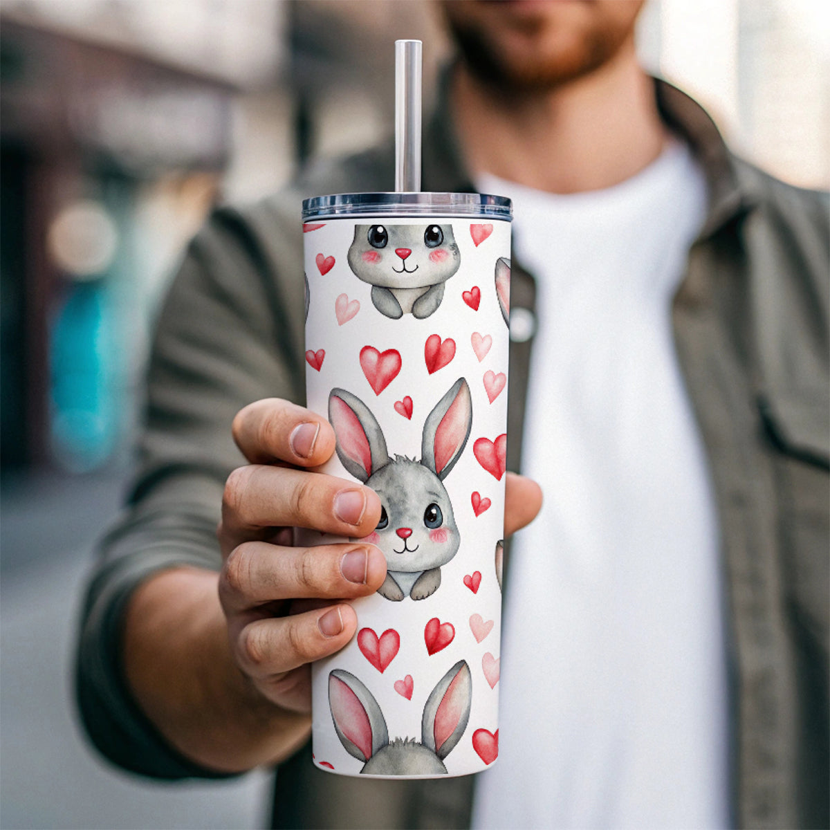 Adorable Gray Bunnies And Hearts Skinny Tumbler 20oz with Straw Insulated Water Bottle Gift