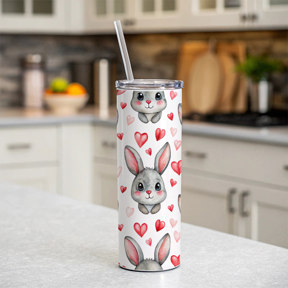 Adorable Gray Bunnies And Hearts Skinny Tumbler 20oz with Straw Insulated Water Bottle Gift