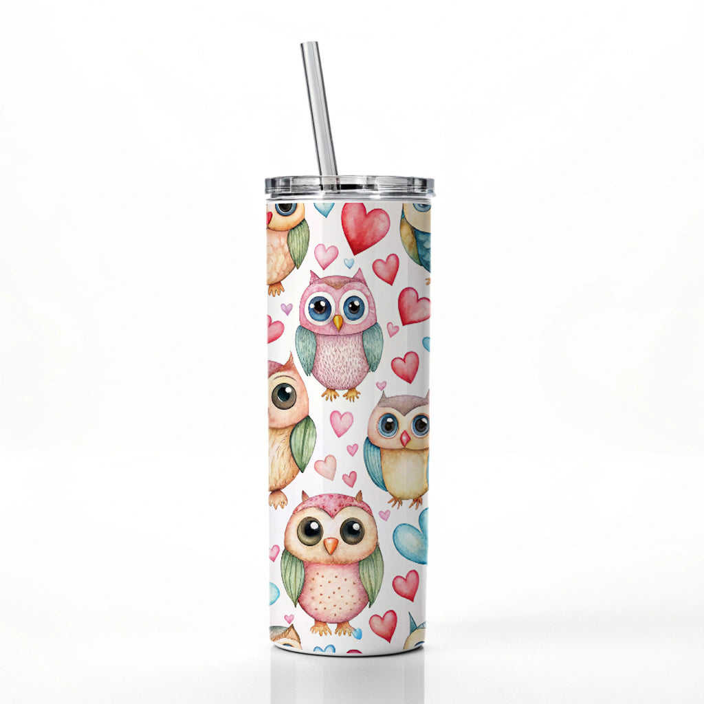 Adorable Owls And Hearts Skinny Tumbler 20oz with Straw Insulated Water Bottle Gift