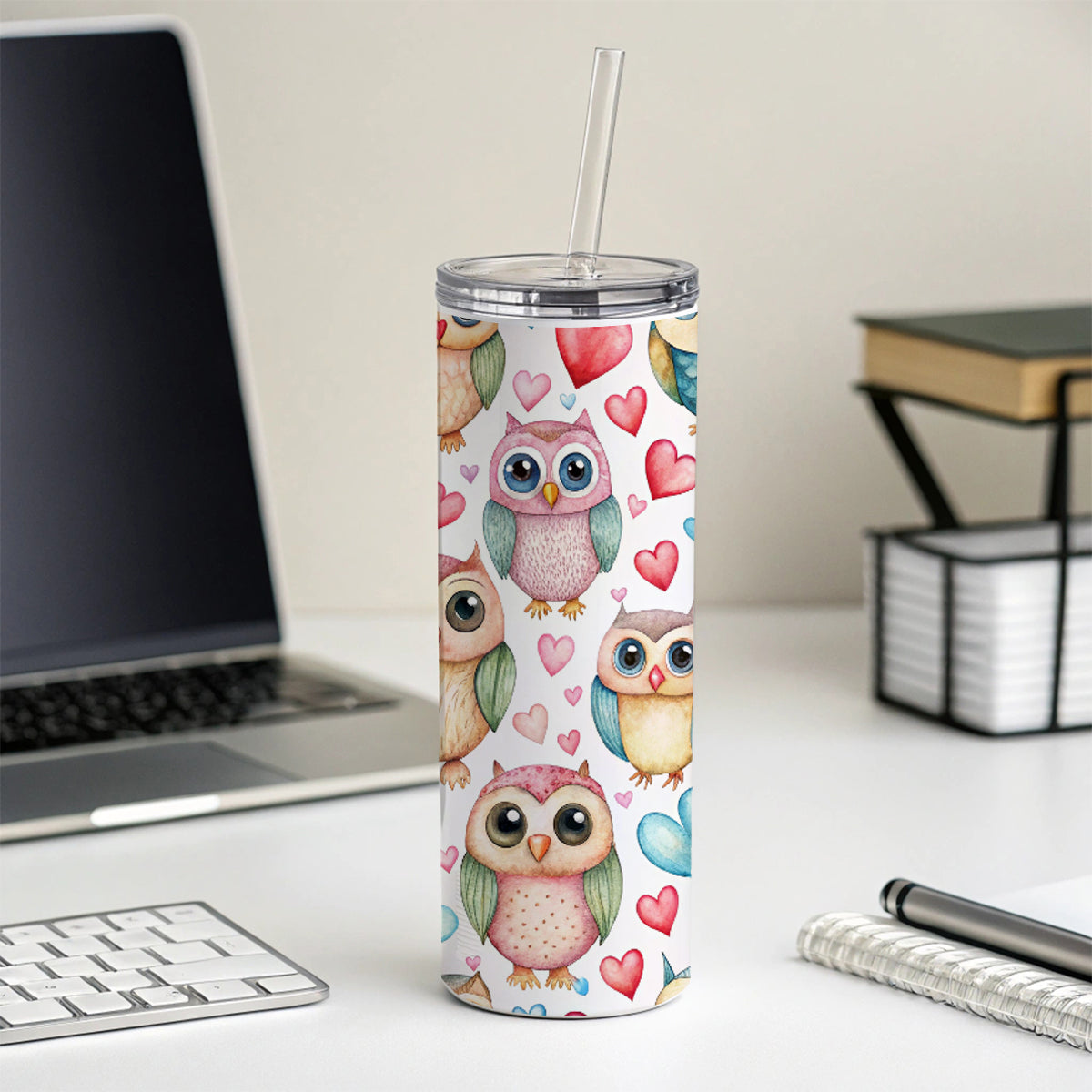Adorable Owls And Hearts Skinny Tumbler 20oz with Straw Insulated Water Bottle Gift