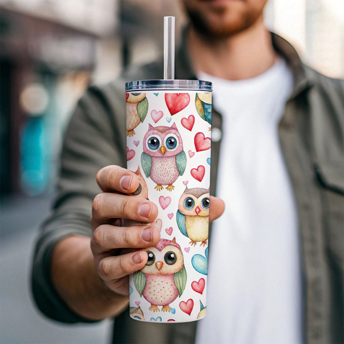 Adorable Owls And Hearts Skinny Tumbler 20oz with Straw Insulated Water Bottle Gift
