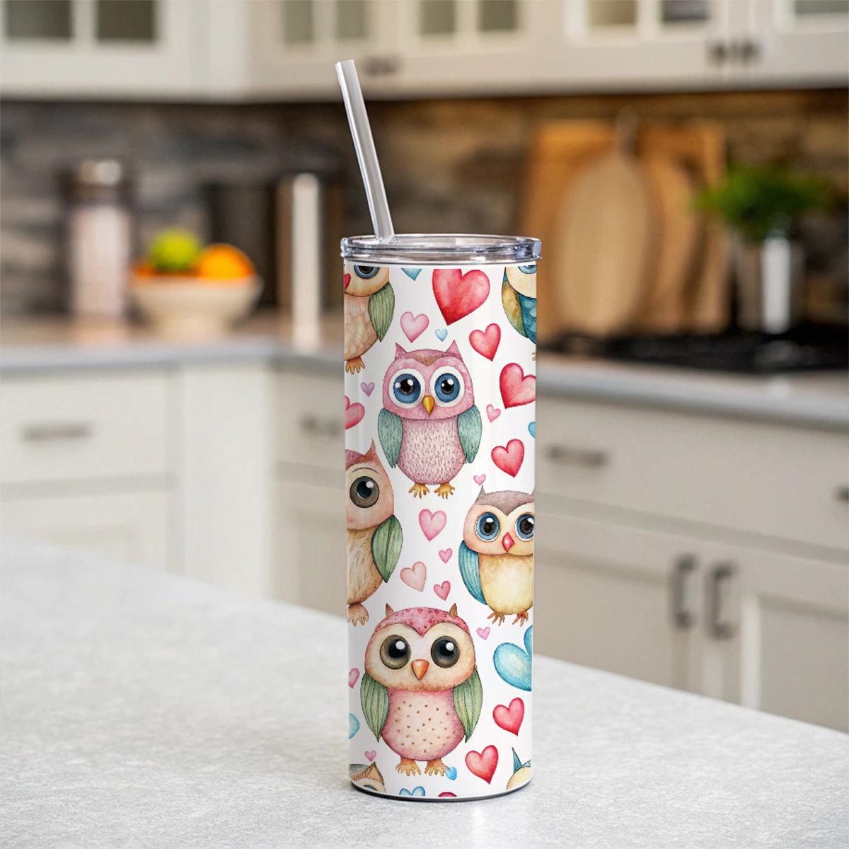 Adorable Owls And Hearts Skinny Tumbler 20oz with Straw Insulated Water Bottle Gift