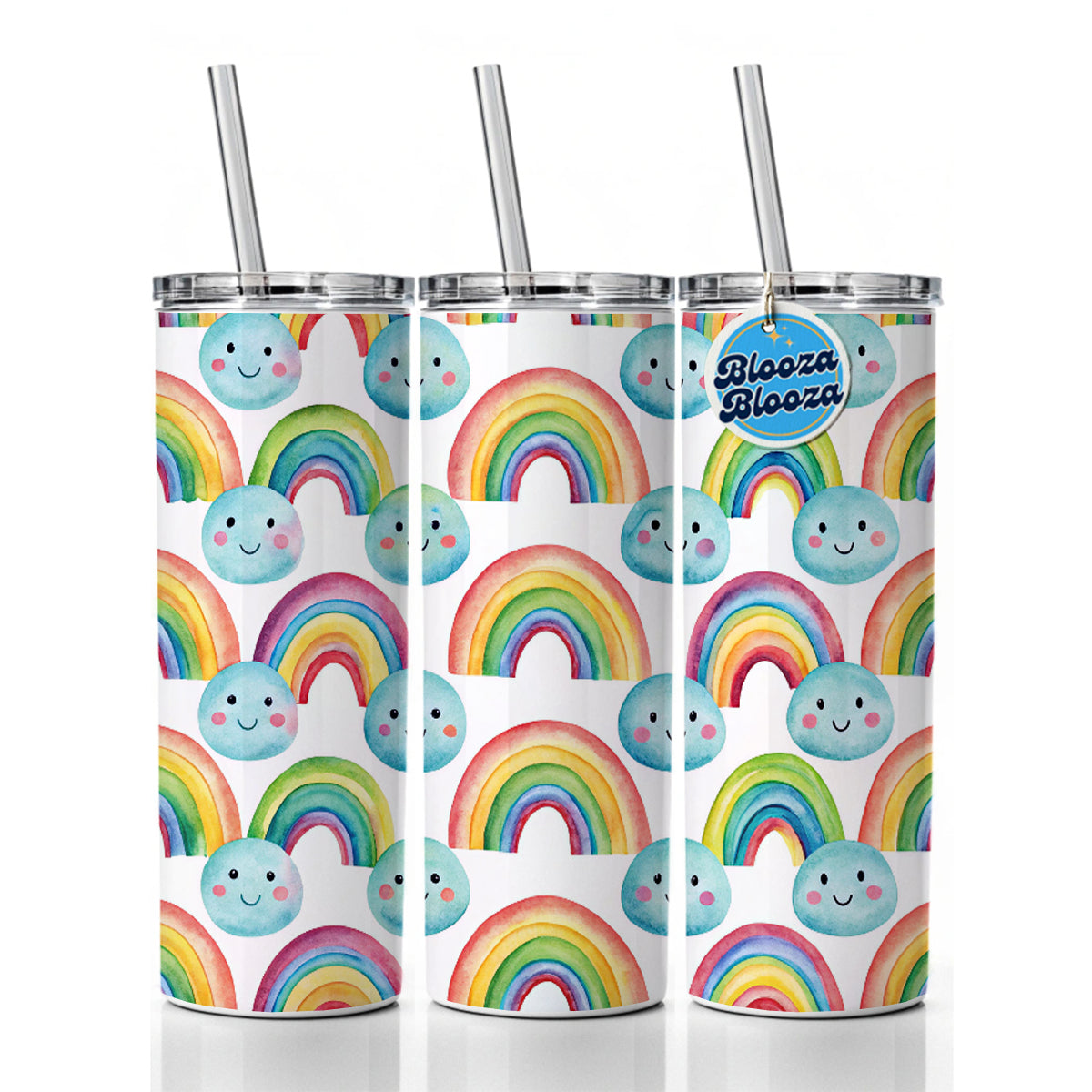 Adorable Smiling Rainbows Clouds Skinny Tumbler 20oz with Straw Insulated Water Bottle Gift
