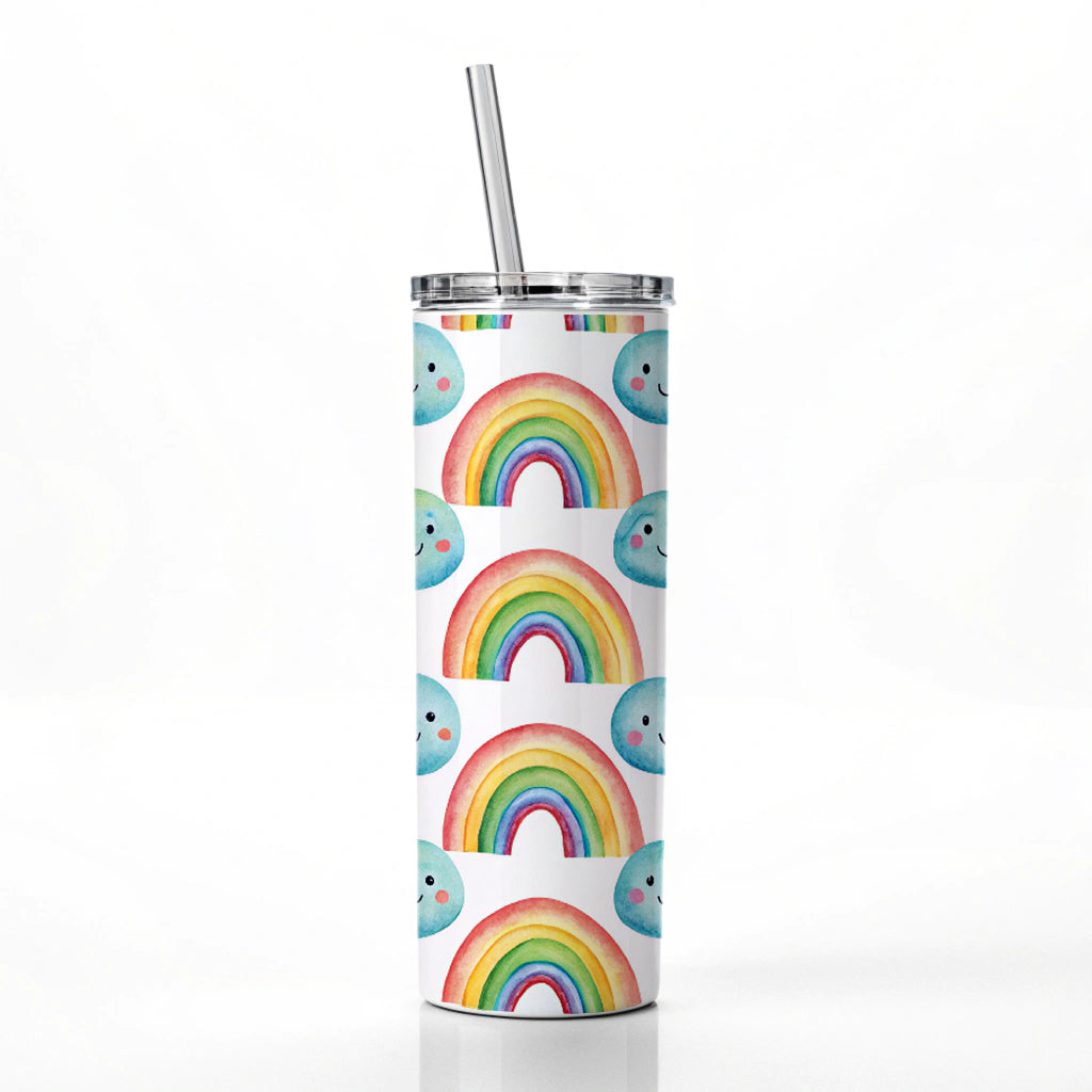 Adorable Smiling Rainbows Clouds Skinny Tumbler 20oz with Straw Insulated Water Bottle Gift