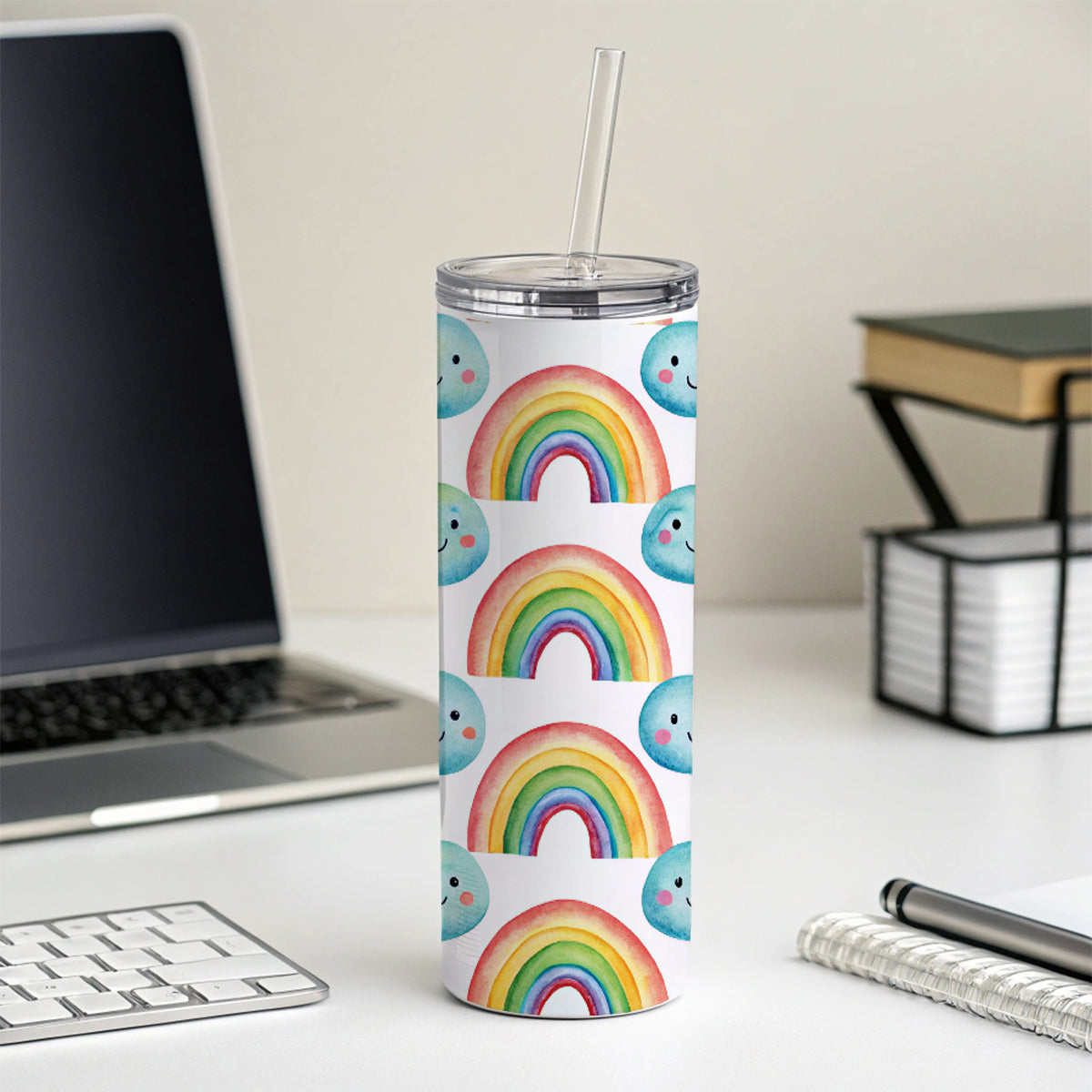 Adorable Smiling Rainbows Clouds Skinny Tumbler 20oz with Straw Insulated Water Bottle Gift