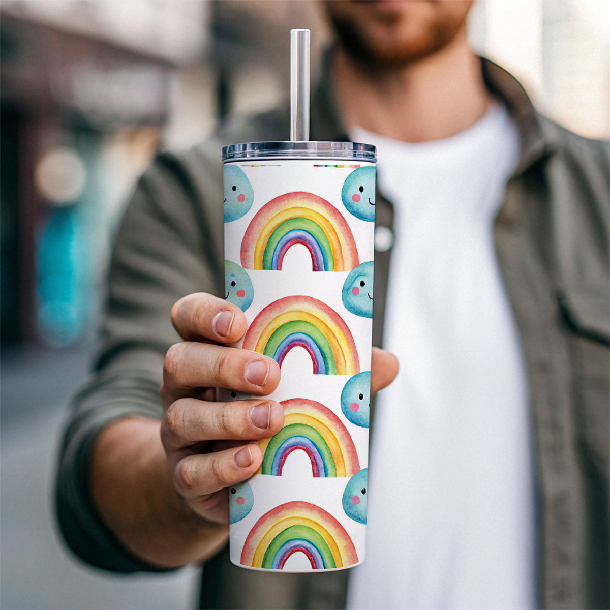 Adorable Smiling Rainbows Clouds Skinny Tumbler 20oz with Straw Insulated Water Bottle Gift