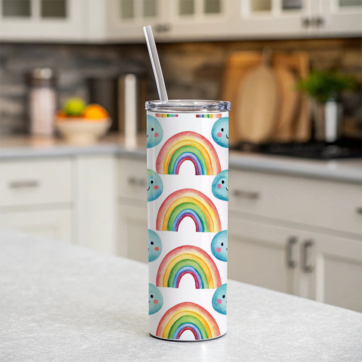 Adorable Smiling Rainbows Clouds Skinny Tumbler 20oz with Straw Insulated Water Bottle Gift