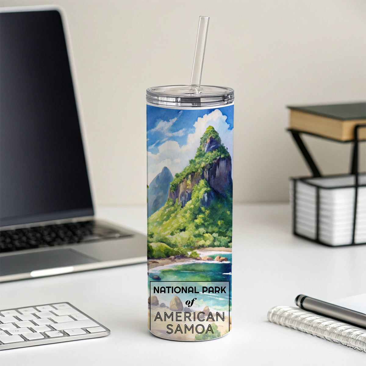 American Samoa National Park Watercolor Skinny Tumbler 20oz with Straw Insulated Water Bottle Gift