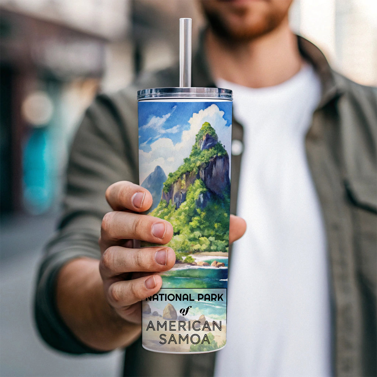 American Samoa National Park Watercolor Skinny Tumbler 20oz with Straw Insulated Water Bottle Gift