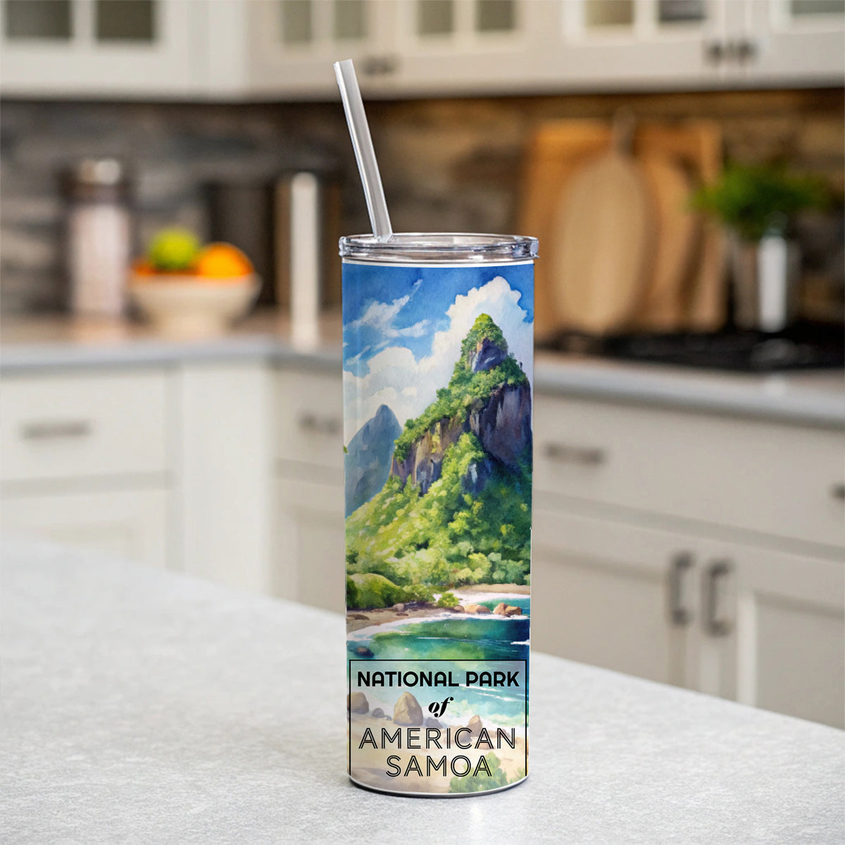 American Samoa National Park Watercolor Skinny Tumbler 20oz with Straw Insulated Water Bottle Gift