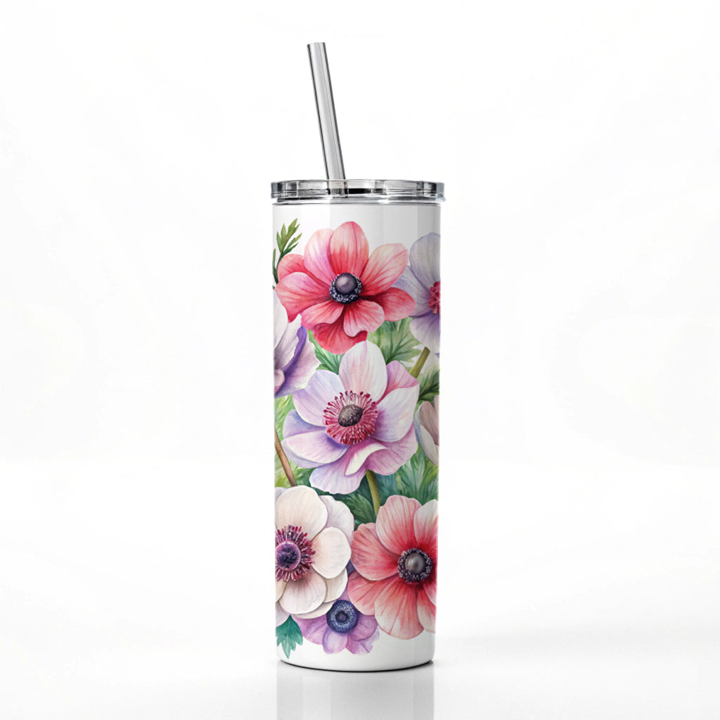 Anemone Flowers Watercolor Skinny Tumbler 20oz with Straw Insulated Water Bottle Gift