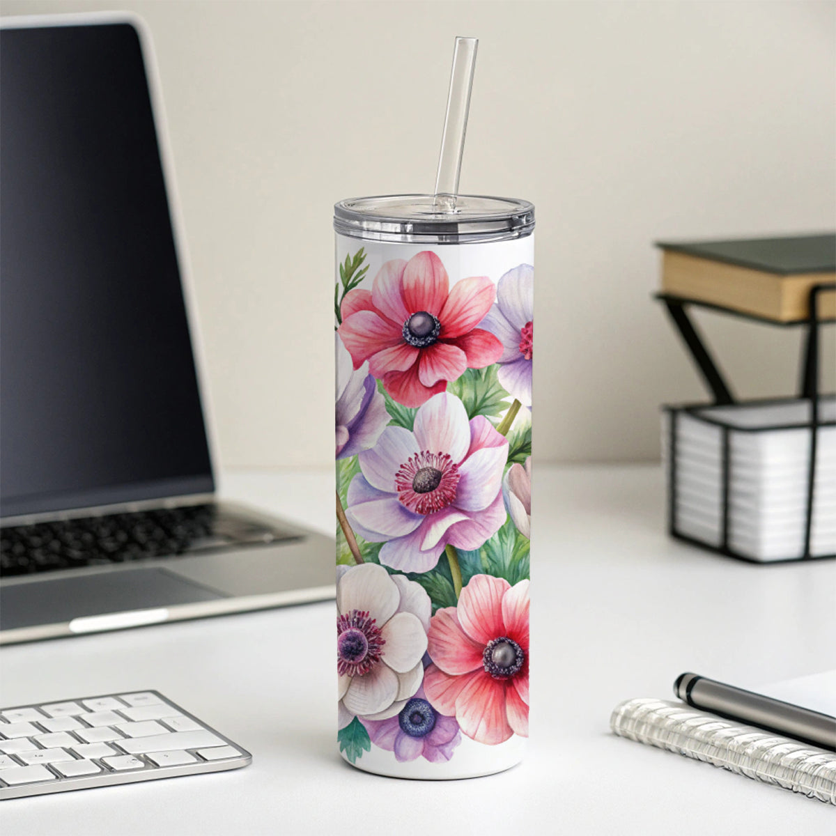 Anemone Flowers Watercolor Skinny Tumbler 20oz with Straw Insulated Water Bottle Gift