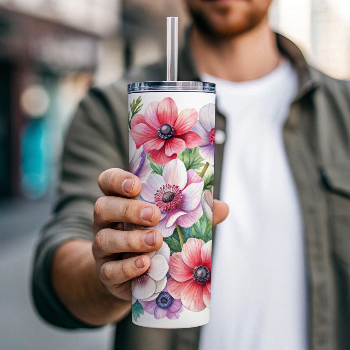 Anemone Flowers Watercolor Skinny Tumbler 20oz with Straw Insulated Water Bottle Gift