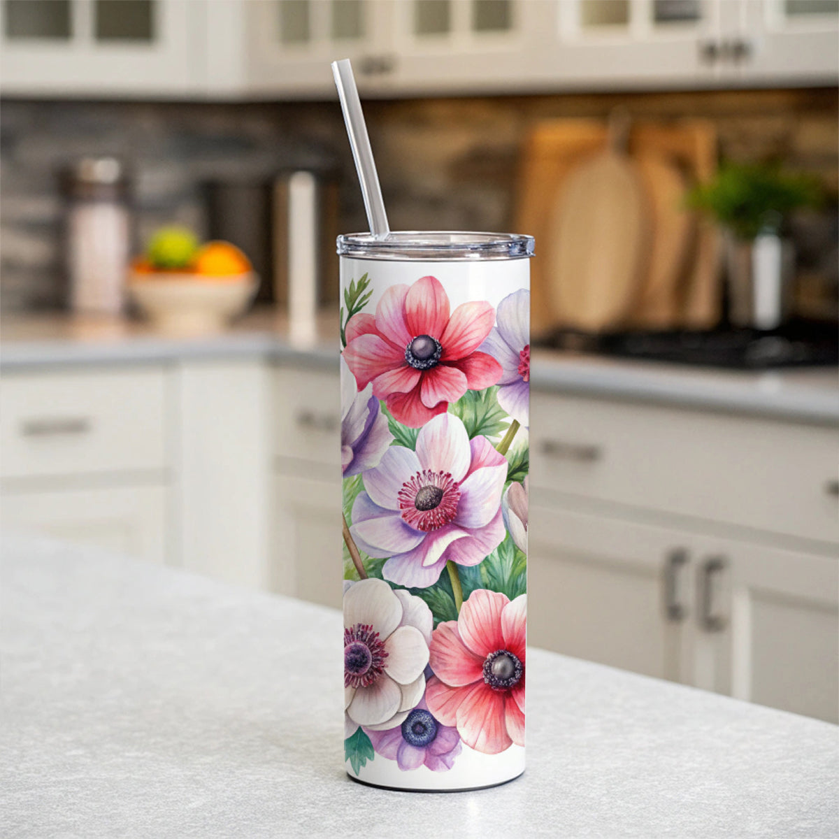 Anemone Flowers Watercolor Skinny Tumbler 20oz with Straw Insulated Water Bottle Gift