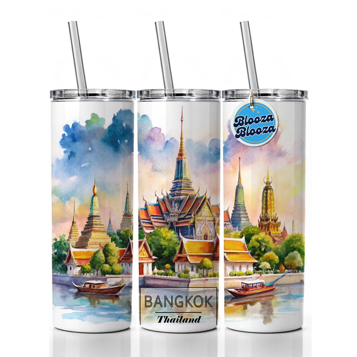 Bangkok Thailand Travel City Watercolor Skinny Tumbler 20oz with Straw Insulated Water Bottle Gift