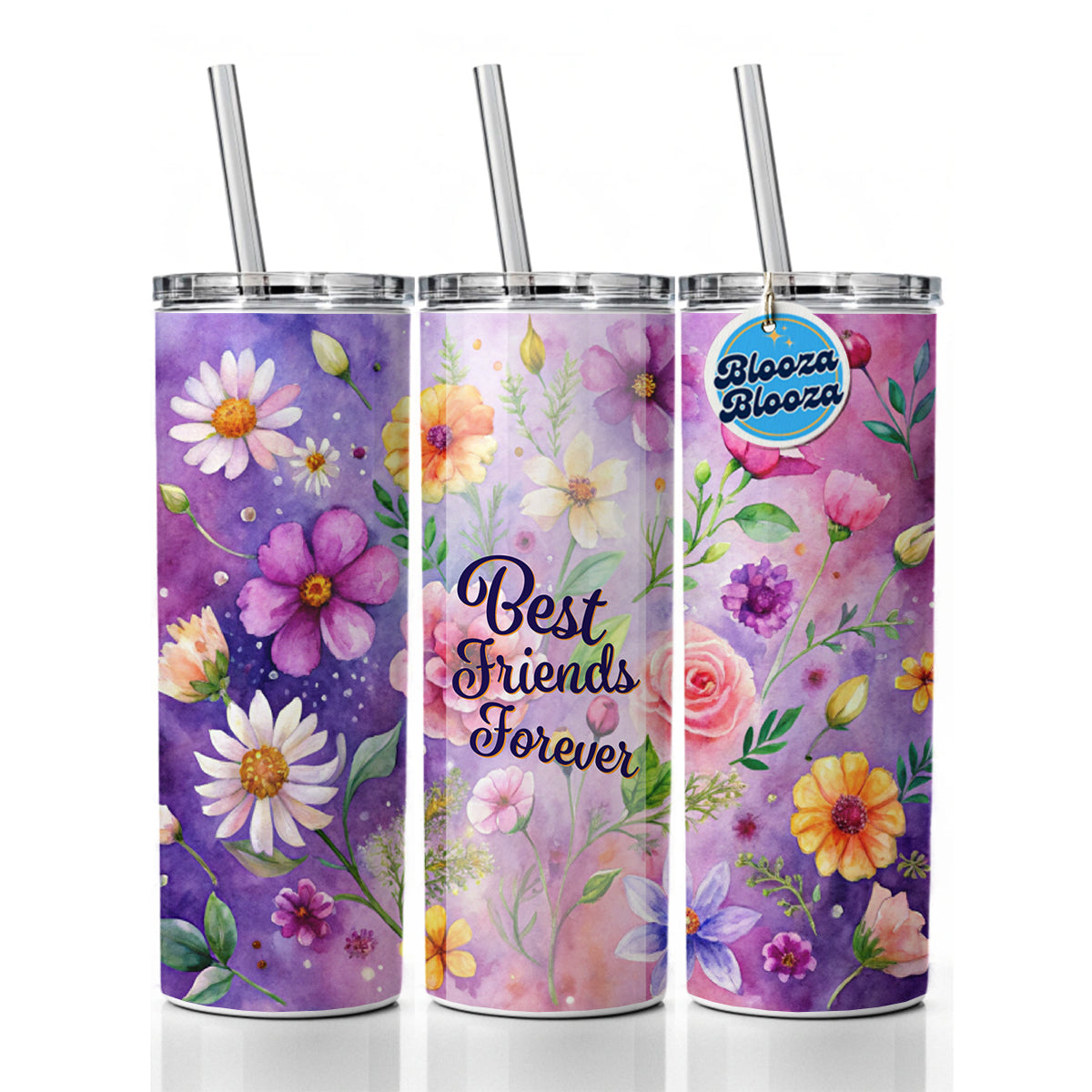 Best Friends Forever Flowers Purple Background Skinny Tumbler 20oz with Straw Insulated Water Bottle Gift