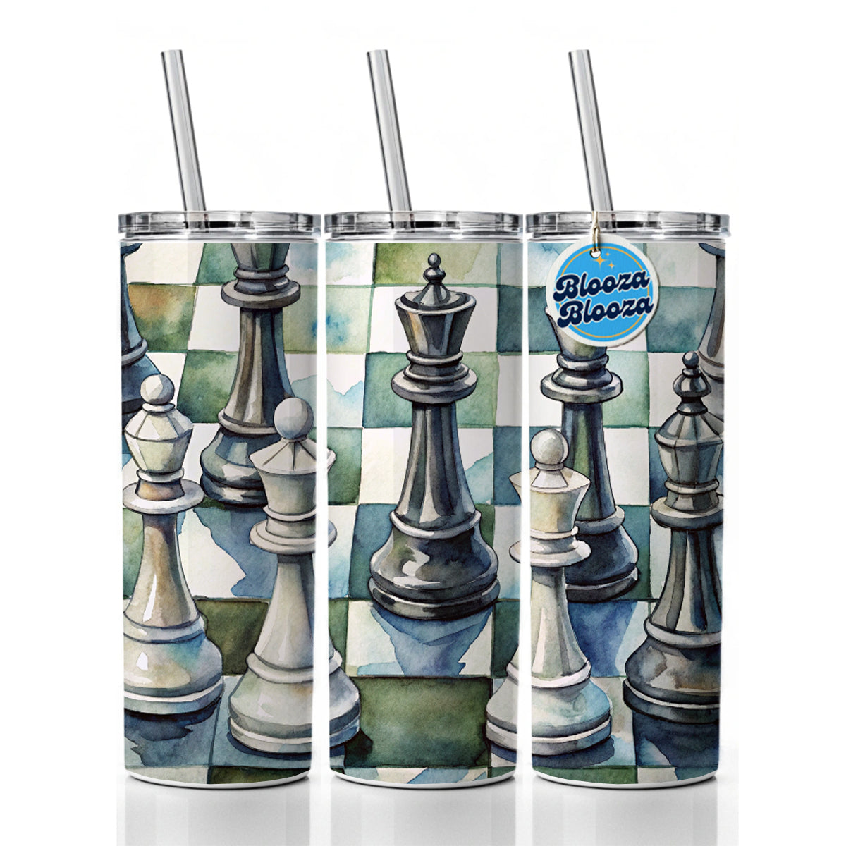 Black White Chess Pieces Watercolor Skinny Tumbler 20oz with Straw Insulated Water Bottle Gift