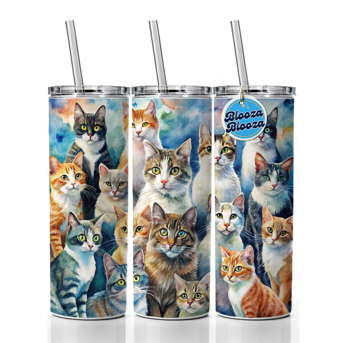 Bunch Of Cats Watercolor Skinny Tumbler 20oz with Straw Insulated Water Bottle Gift