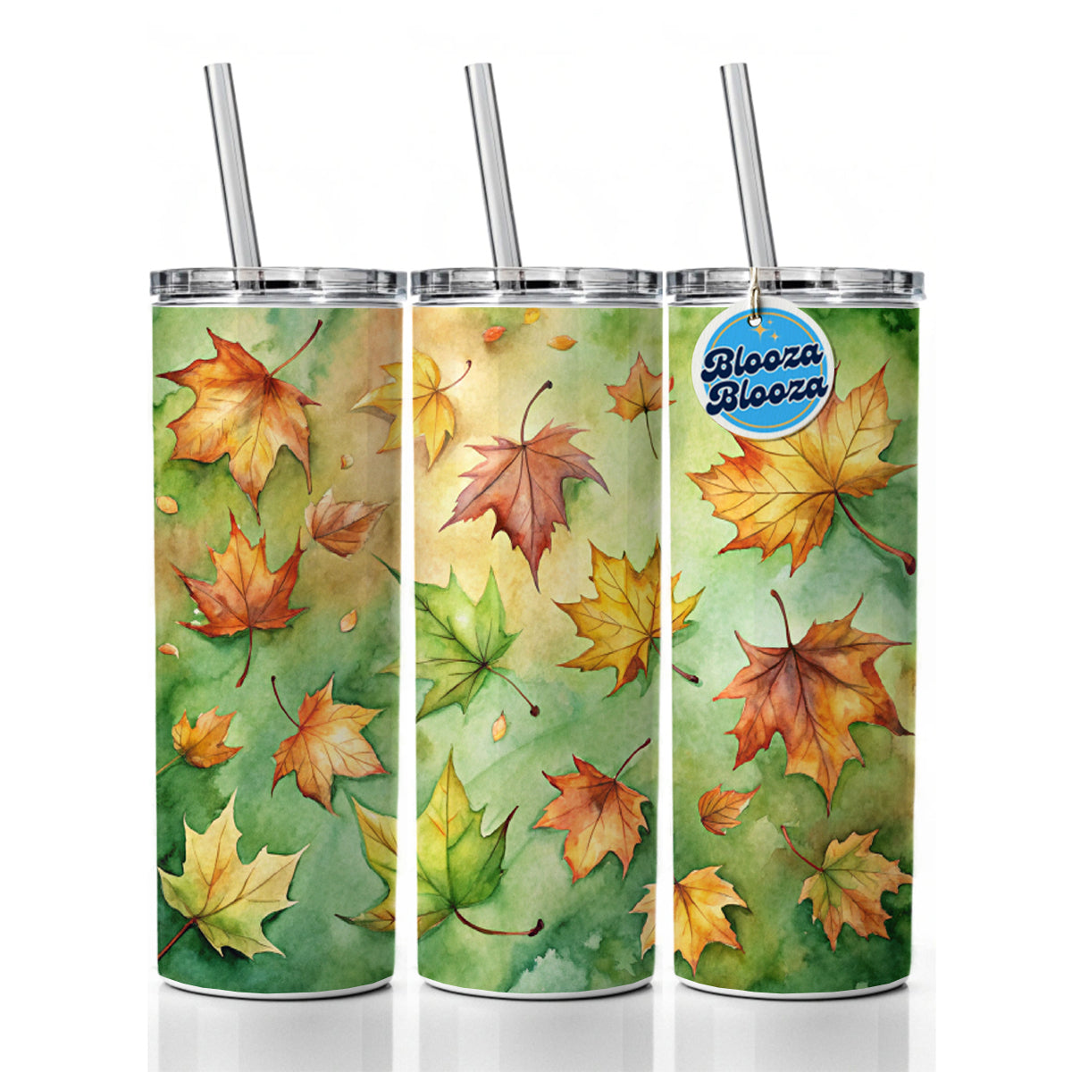 Leaves Green Background Watercolor Skinny Tumbler 20oz with Straw Insulated Water Bottle Gift