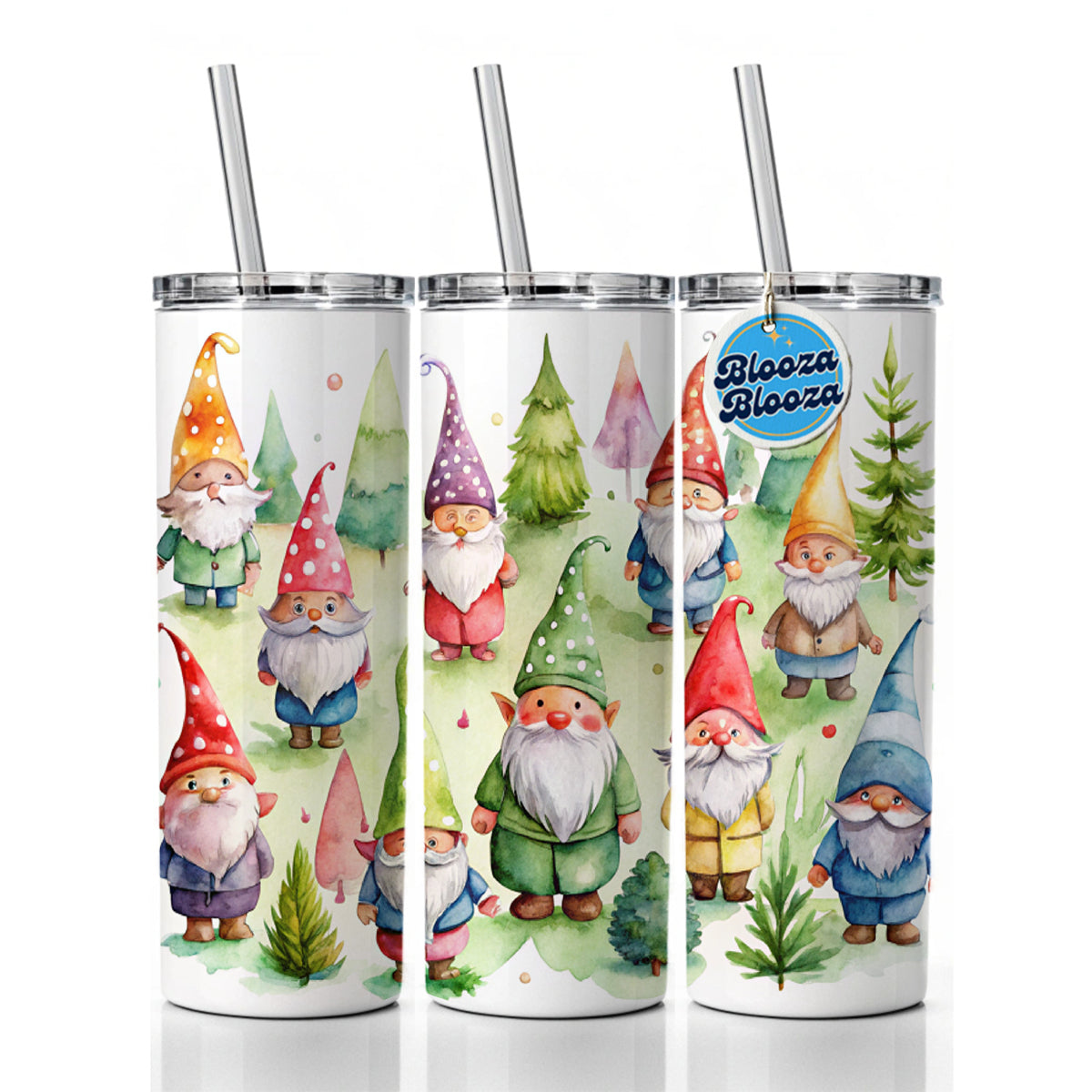 Lots Of Gnomes Watercolor Skinny Tumbler 20oz with Straw Insulated Water Bottle Gift