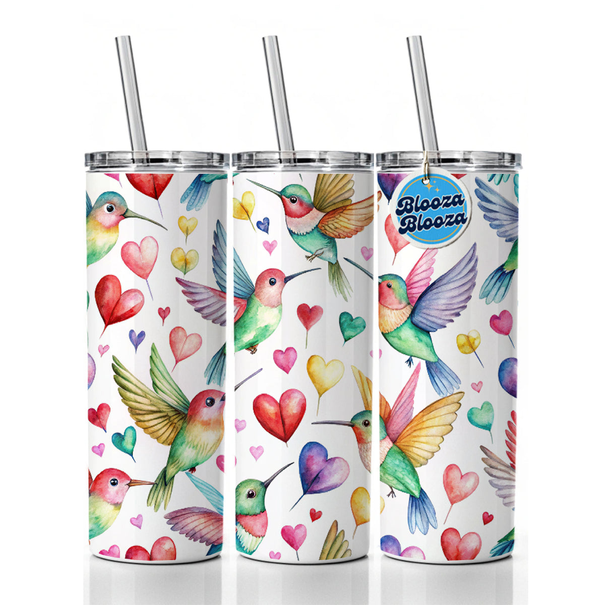 Lots Of Hummingbirds And Hearts Skinny Tumbler 20oz with Straw Insulated Water Bottle Gift