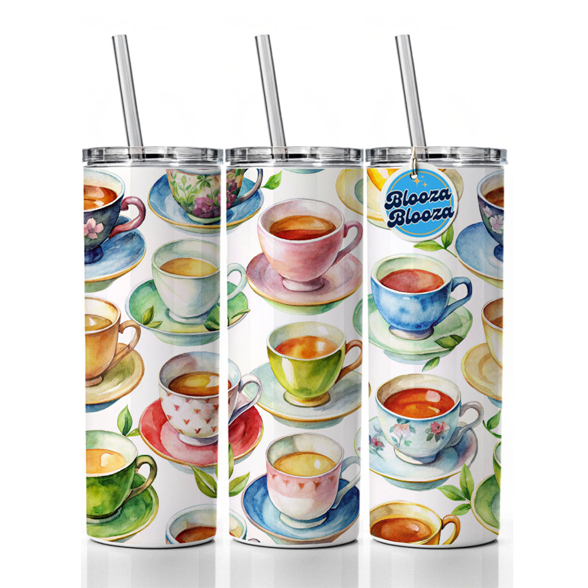 Lots Of Tea Cups Skinny Tumbler 20oz with Straw Insulated Water Bottle Gift