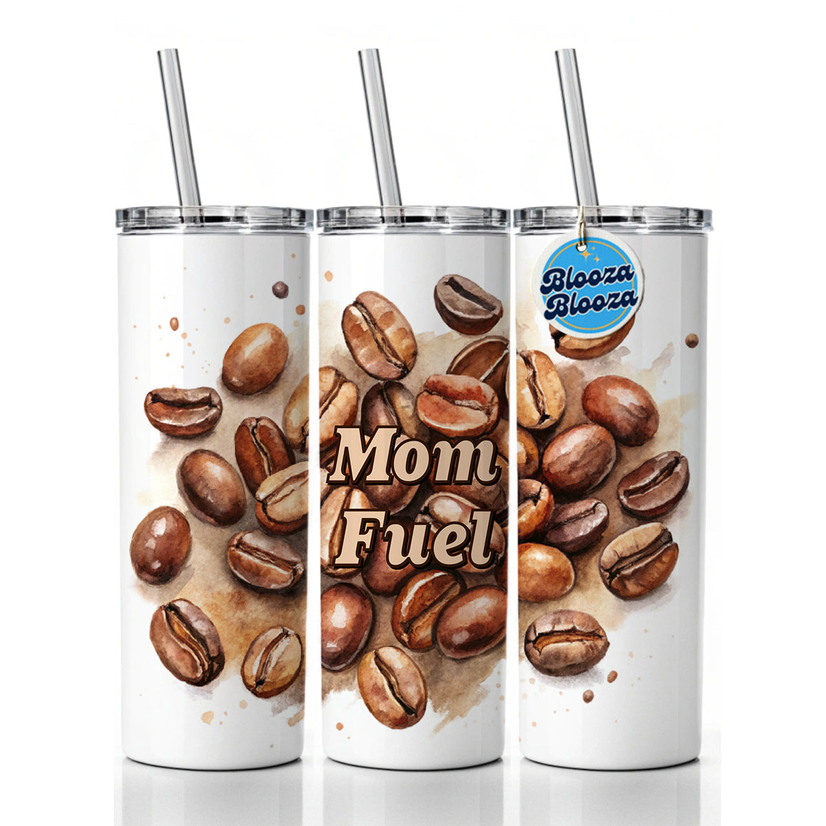 Mom Fuel Coffee Beans Watercolor Skinny Tumbler 20oz with Straw Insulated Water Bottle Gift