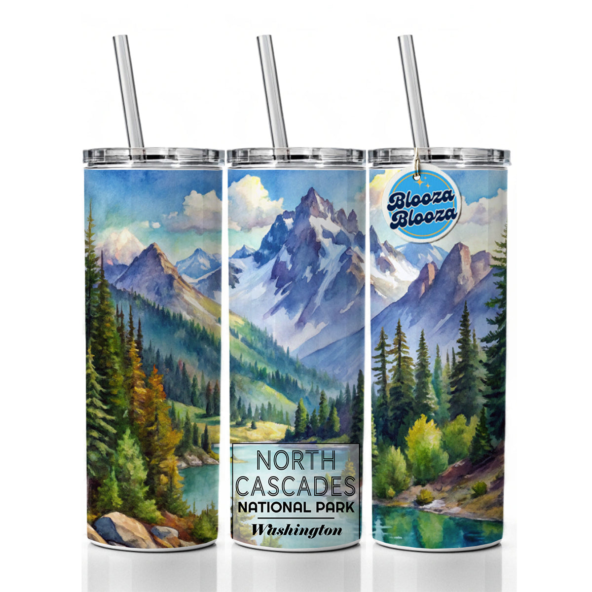 North Cascades National Park Washington Watercolor Skinny Tumbler 20oz with Straw Insulated Water Bottle Gift