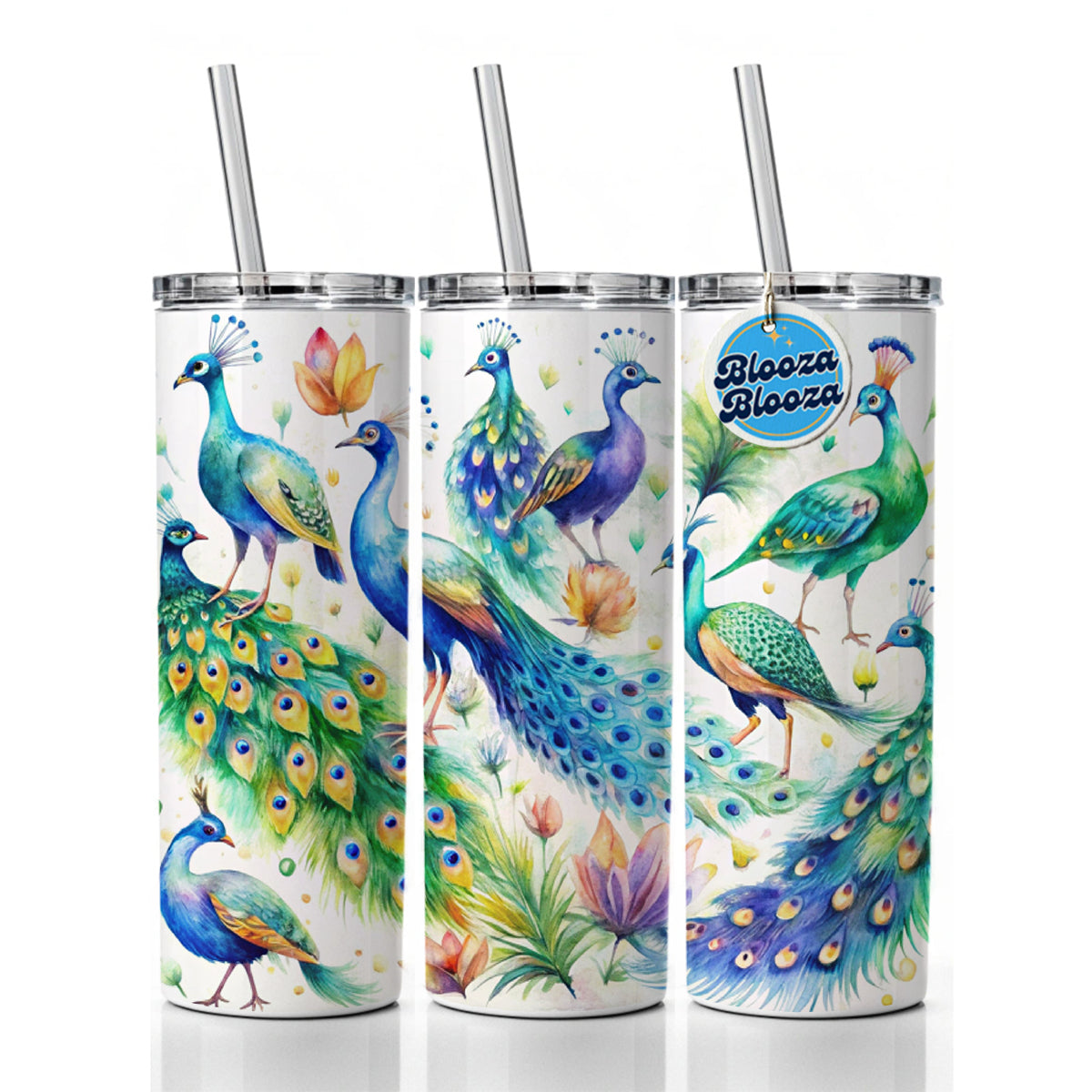 Peacocks Beautiful Birds Watercolor Skinny Tumbler 20oz with Straw Insulated Water Bottle Gift