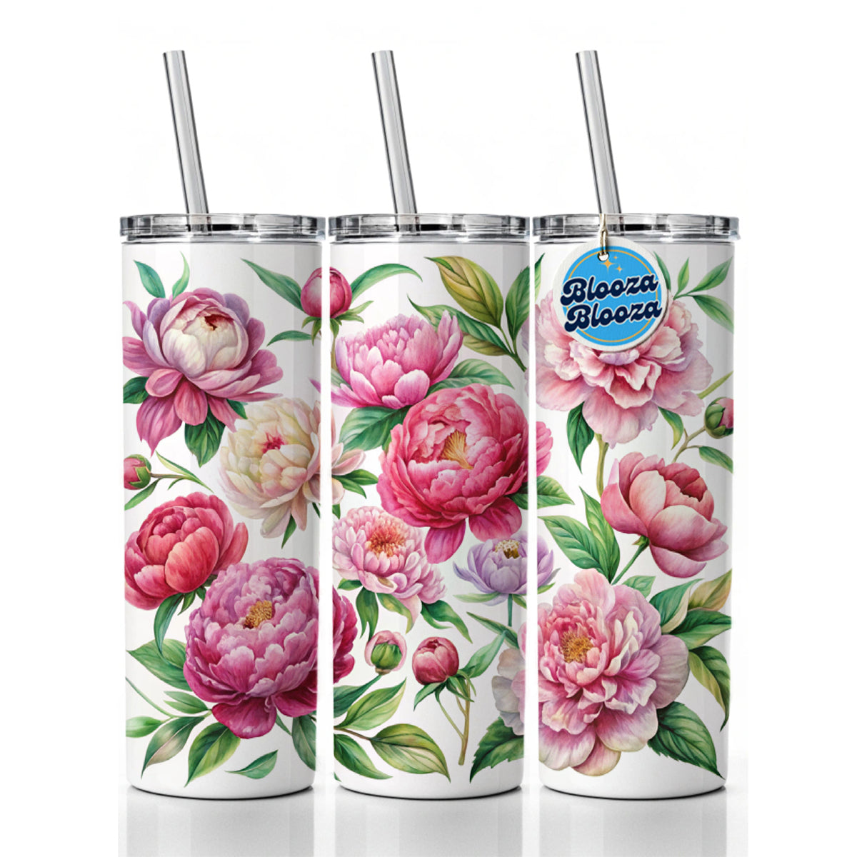 Peonies Pink Flowers Watercolor Skinny Tumbler 20oz with Straw Insulated Water Bottle Gift