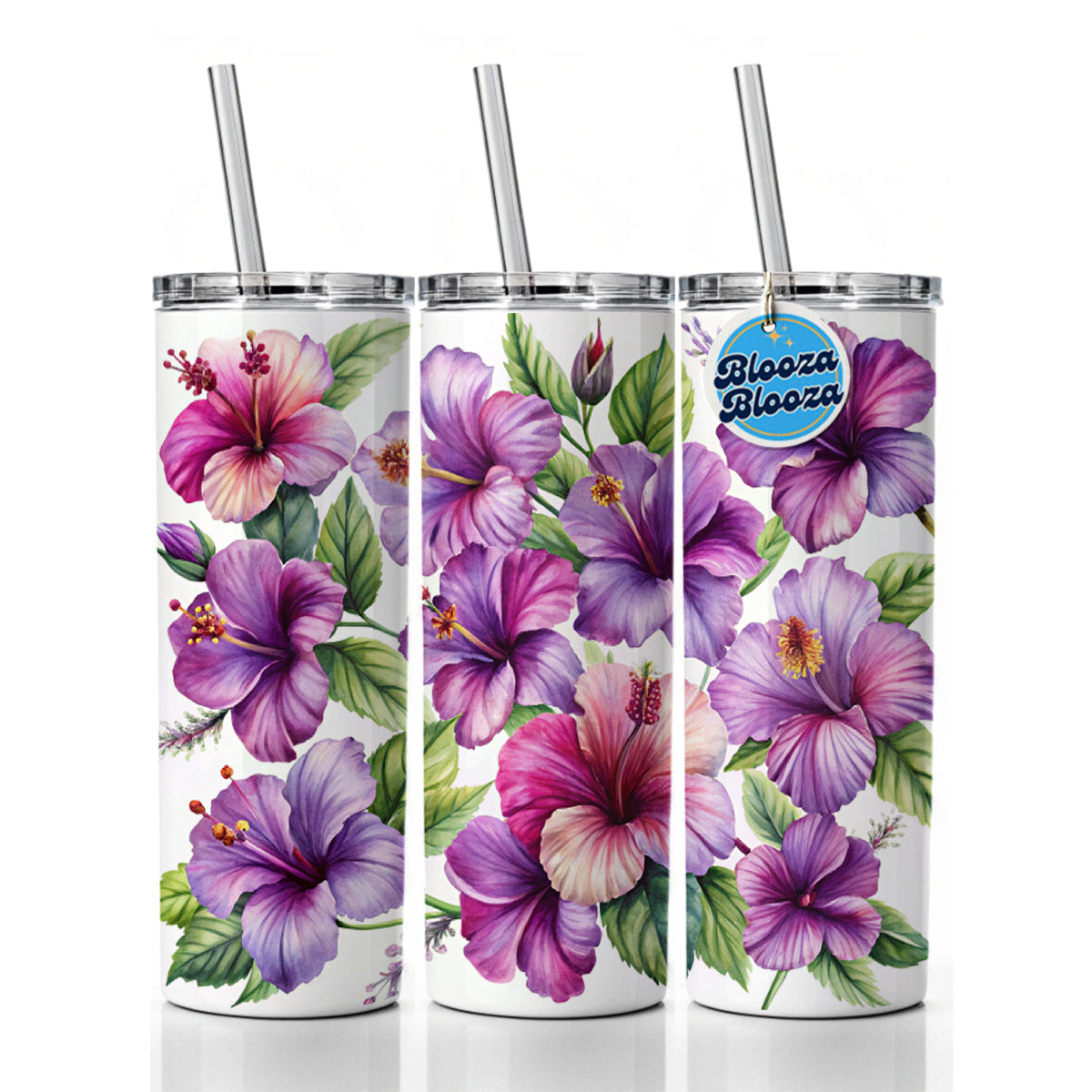 Purple Hibiscus Flowers Watercolor Skinny Tumbler 20oz with Straw Insulated Water Bottle Gift