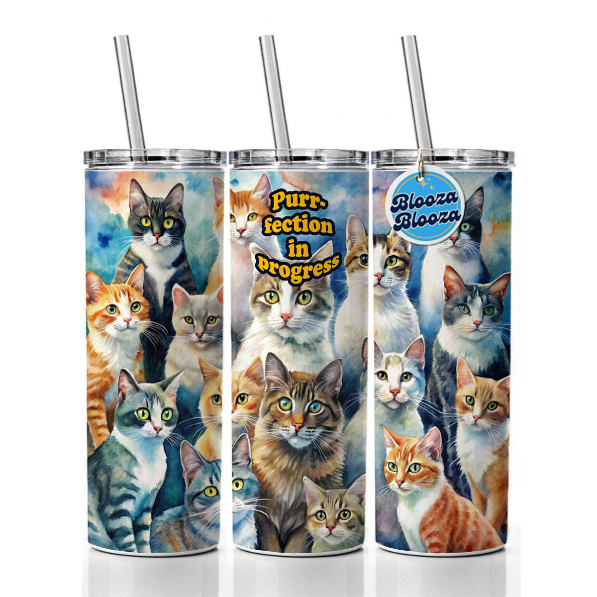 Purrfection Perfection In Progress Cats Lover Funny Skinny Tumbler 20oz with Straw Insulated Water Bottle Gift