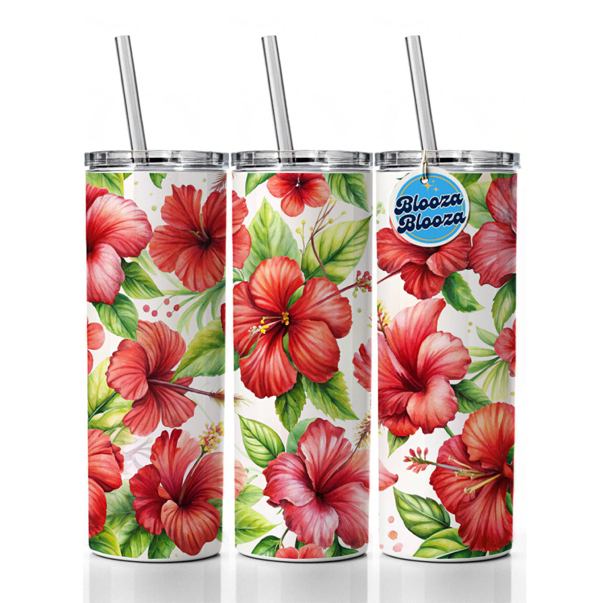 Red Hibiscus Flowers Watercolor Skinny Tumbler 20oz with Straw Insulated Water Bottle Gift