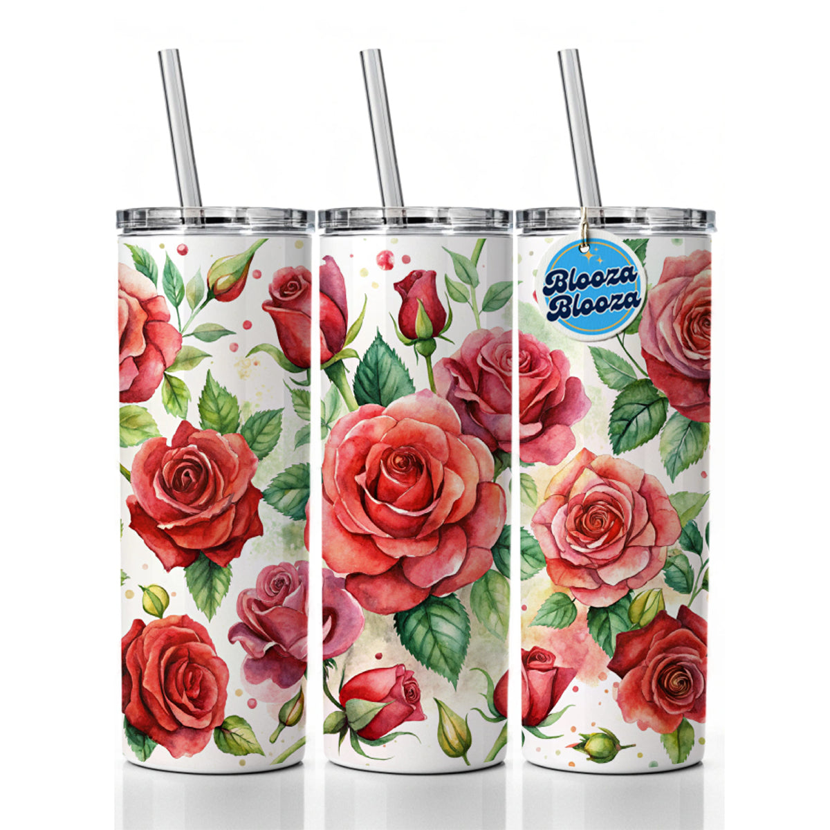 Red Roses Flowers Watercolor Skinny Tumbler 20oz with Straw Insulated Water Bottle Gift